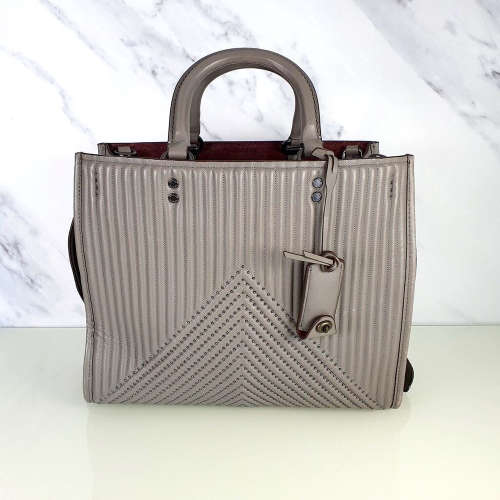 Impeccable, rare Coach 1941 Heather grey leather with quilting and stud rivets